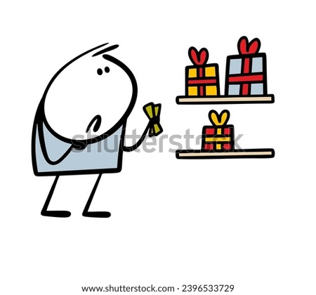 Cartoon frustrated stickman in the store chooses a cheap gift for the holiday. Vector illustration of  sad poor man, expensive boxes and not enough money. Isolated character on white background.