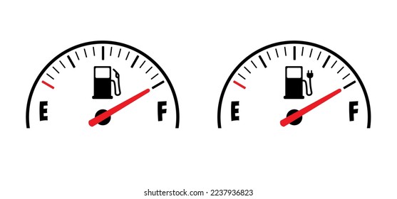 Cartoon fuel gauge. Car flling station. Petrol pump or electric plug meter. Electrical cable. Gas meter fuel pump station indicator. Level with arrow. Clock face, fuel measurements. dashboard scale.