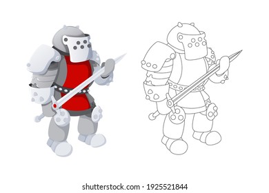 Cartoon Full body armor suit, European like medieval knight character with shield and sword, isolated on white background. Coloring book page design for kids and children vector illustration