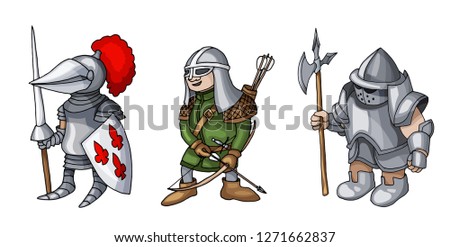 Cartoon Full body armor suit, European like medieval three medieval knights characters prepering for Knight Tournament isolated on white background. Colorful book page design for kids and children