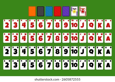 Cartoon Full deck of playing cards. Set with isolated cards for Poker or Solitaire game UI. Each card on a separate layer