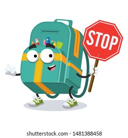 cartoon full kids school backpack mascot with tablet stop in hand on white background