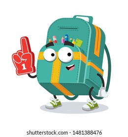 cartoon full kids school backpack character mascot with the number 1 one sports fan hand glove on a white background
