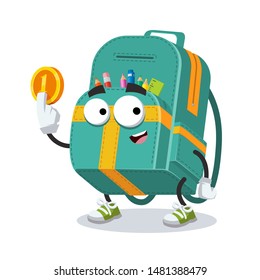 cartoon full kids school backpack mascot keeps the coin on white background