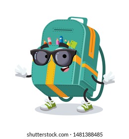 cartoon full kids school backpack character mascot in black sunglasses on a white background