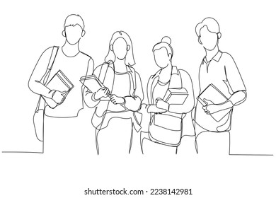 Cartoon of full length asian college students holding subject books standing infront of library. One continuous line art style
