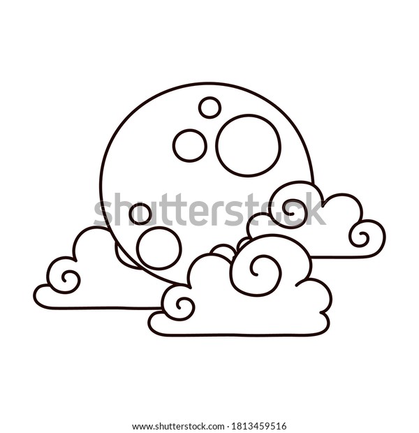 cartoon full moon and clouds sky natural\
isolated icon line style vector\
illustration