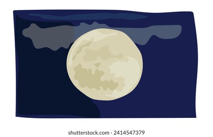 Cartoon full moon with crater and glowing moonlight. Luna element isolated on dark blue background. Suitable for night or mid autumn festival decoration. Sky panorama and clouds. Moonshine. Symbol.