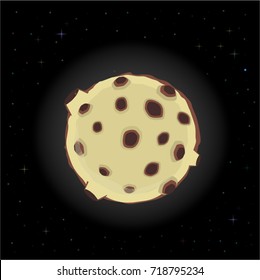 Cartoon full moon with craters glowing in the night sky among the stars. Cartoon design style. Vector illustration.