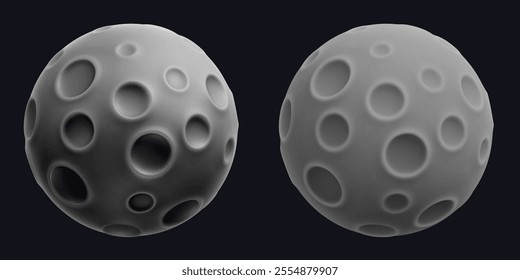 Cartoon full moon with surface full of craters 3d vector icons. Dwarf planet with craters. Cute 3d symbols of moon or asteroid for children's astronomy education and space theme. Vector illustration