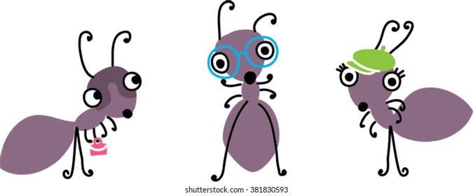 Cartoon Fun ants characters set. vector