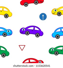 Cartoon fun cars of different colors isolated with white background.
