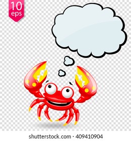 Cartoon fun crab character which speech bubble on transparent background. Vector illustration, clip-art