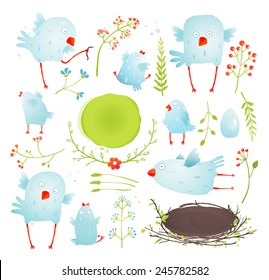 Cartoon Fun and Cute Baby Birds Collection. Brightly Colored watercolor style birdies collection. Vector illustration EPS10.