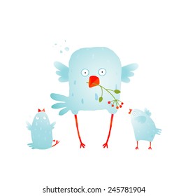 Cartoon Fun and Cute Mother Bird with her Babies. Brightly Colored watercolor style birdies. Vector illustration EPS10.