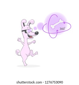 cartoon fun dog wearing virtual reality glasses looking at virtual bone - VR comic illustration