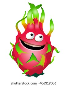 Cartoon fun dragon fruit character. Pitaya. Vector illustration, clip-art, isolated on white background