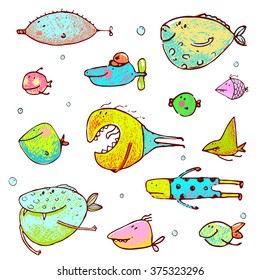 Cartoon Fun Humorous Fish Drawing Collection. Funny cartoon brightly colored fish drawing set. Pencil style. EPS10 vector has no background color.