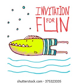 Cartoon Fun Monster Fish Invitation or Greeting Card Design Hand Drawn. Funny cartoon hand drawn colorful animal with bubbles and legs. Pencil style. EPS10 vector has no background color.