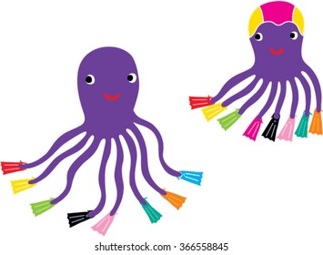 Cartoon fun octopus wearing flippers. vector illustration