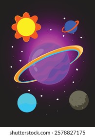 Cartoon fun outer space, galaxy, planets, art, science, technology, set of planets, fantasy