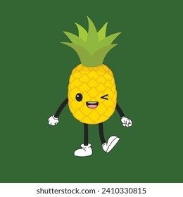 Cartoon fun pineapple character on green background