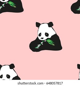 Cartoon fun vector illustration seamless animals pattern with baby panda bamboo background. Black and white bear. 