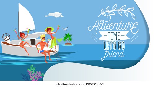 Cartoon fun yacht party with friends in ocean