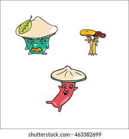 Cartoon fungi with black outline on isolated background. Moving, jumping and dancing fungi