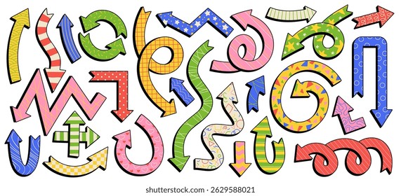 Ponteiros de seta funky desenhos animados, setas divertidas com padrões abstratos. Ponteiro de forma ondulada dinâmica Groovy, sinais de seta de estilo cômico com texturas desenhadas à mão, elementos de design de navegação colorido conjunto de vetor