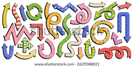 Cartoon funky arrow pointers, playful arrows with abstract patterns. Groovy dynamic wavy shape pointer, comic style arrow signs with hand drawn textures, colorful navigation design elements vector set