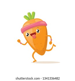 Cartoon funky carrot character running or jogging isolated on white background. Cute sporty healthy vegetable character making cardio sport exercise. Fitness cardio concept 
