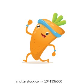 Cartoon funky carrot character running or jogging isolated on white background. Cute sporty healthy vegetable character making cardio sport exercise. Fitness cardio concept 