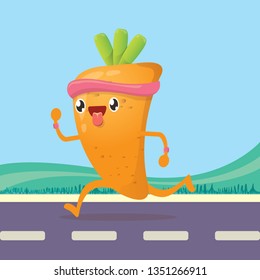 Cartoon funky carrot character running or jogging on street. Cute sporty healthy vegetable character making cardio sport exercise. Fitness cardio concept