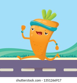 Cartoon funky carrot character running or jogging on street. Cute sporty healthy vegetable character making cardio sport exercise. Fitness cardio concept