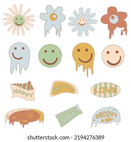 Cartoon funky flowers, vintage hippy style element vector set. Retro 70s 60s Hippie Groovy Flower. Psychedelic vintage smiley sticker