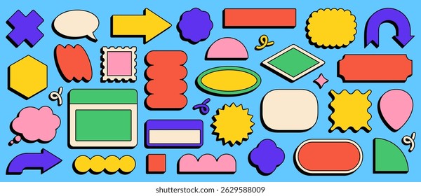 Quadros geométricos funky dos desenhos animados, adesivos divertidos em branco em várias formas. Rótulos coloridos retro groovy, formas abstratas divertidas com bordas recortadas, emblemas de estilo cômico negrito vazio ou conjunto de vetores de patches
