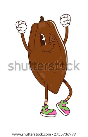 Cartoon funky groovy cocoa bean nut with funny face, vector character. Groovy cocoa bean or cacao nut comic emoji cartoon character in hipster shoes with cute smile and winking eye with happy gesture