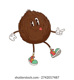 Cartoon funky groovy coconut nut with funny face and silly tongue out smile, vector character. Groovy coconut comic emoji in hipster shoes with freaky emotion and cool gesture for cartoon character