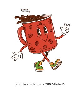 Cartoon funky groovy coffee cup character with cheerful expression and hippie sneakers. Vector red porcelain hot beverage mug, retro comic breakfast personage with splash and coffee grains pattern