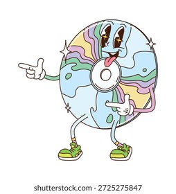 Cartoon funky groovy computer cd disc character with finger gun gestures and vintage sneakers. Vector retro sound device symbolizing music storage, audio playback, nostalgic vibe and y2k sound culture