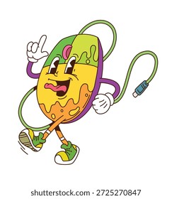 Personagem de mouse de computador funky groovy. Vetor isolado cômico PC dispositivo tecnologia retro personagem com um fio, vestindo tênis hippie e exalando amigável vibe y2k. Mascote da ferramenta de computação