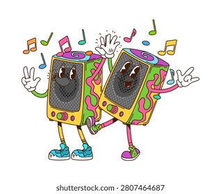 Cartoon funky groovy computer speaker characters dancing together with psychedelic color, musical notes and smiling faces. Vector retro hippie sound device personages exude rhythm and playful y2k vibe