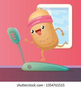 Cartoon funky man potato character running or jogging on treadmill in gym class or fitness club. Cute sporty vegetable character making cardio sport exercise. Fitness cardio concept