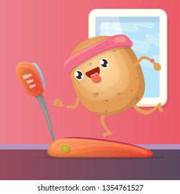 Cartoon funky man potato character running or jogging on treadmill in gym class or fitness club. Cute sporty vegetable character making cardio sport exercise. Fitness cardio concept