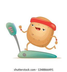 Cartoon funky potato character running or jogging on treadmill isolated on white background. Cute sporty vegetable character making cardio sport exercise. Fitness cardio concept 