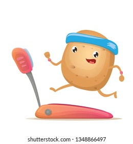 Cartoon funky potato character running or jogging on treadmill isolated on white background. Cute sporty vegetable character making cardio sport exercise. Fitness cardio concept 