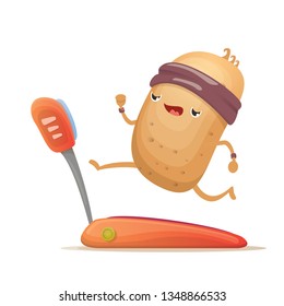 Cartoon funky potato character running or jogging on treadmill isolated on white background. Cute sporty vegetable character making cardio sport exercise. Fitness cardio concept 