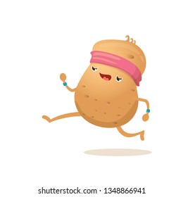 Cartoon funky potato character running or jogging isolated on white background. Cute sporty vegetable character making cardio sport exercise. Fitness cardio concept 