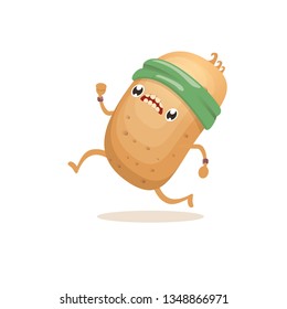 Cartoon funky potato character running or jogging isolated on white background. Cute sporty vegetable character making cardio sport exercise. Fitness cardio concept 